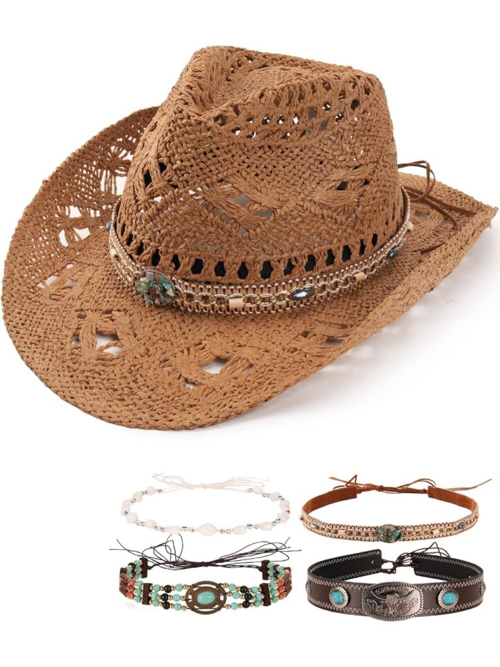 Men's Solid Khaki 4-Style Decorative Bands Stiff Wide Brim Western Style